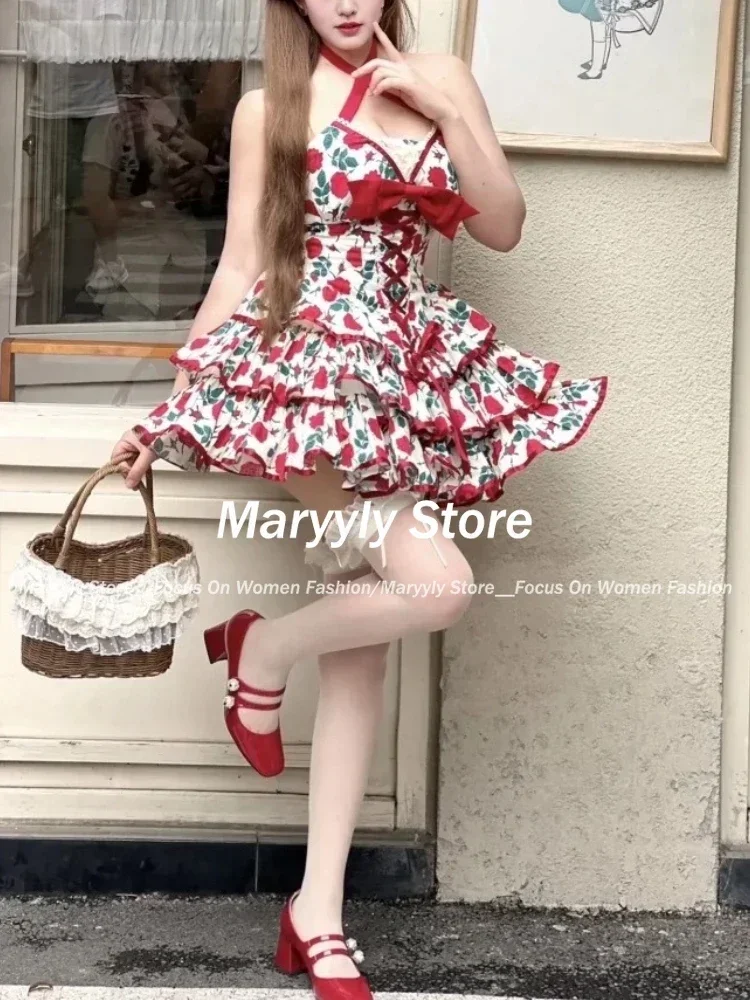 Summer Sweet Lolita Princess Dress Women Vintage Elegant Bow Flower Print Party Mini Dress Female Hot Girl Sexy Slim Strap Dress