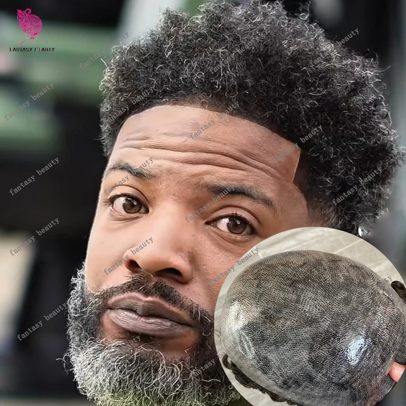 

Мужской парик-накладка 1B80 1B65 из натуральных волос, серый, кудрявый, 6 мм, для мужчин с афро-прической, система замещения волос для чернокожих мужчин