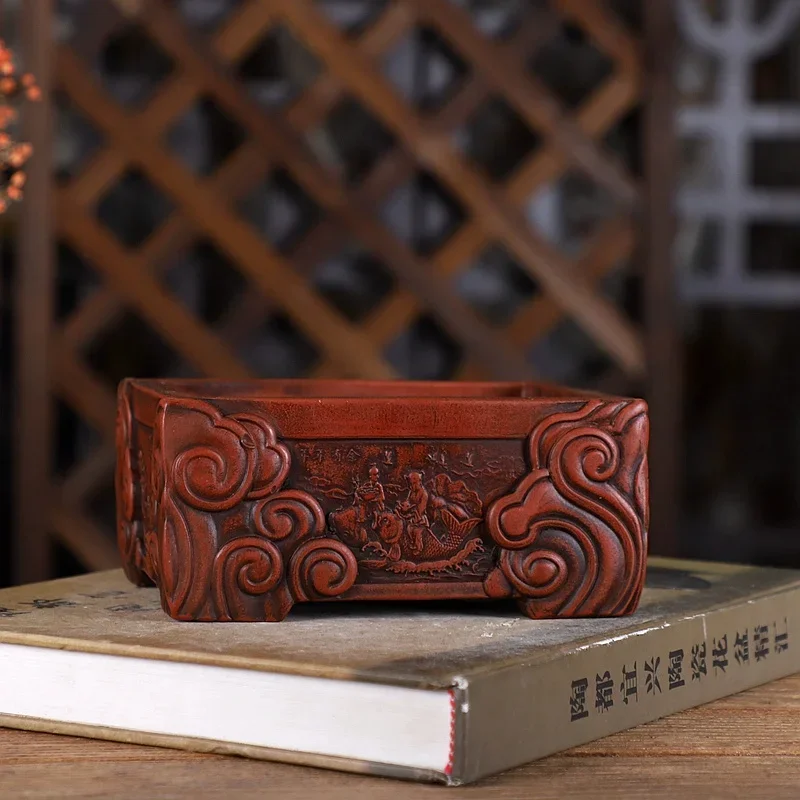 Rectangle Bonsai Pot,Cloud Carved,Fish Pattern, Traditional Chinese Garden Decoration, Chinese Carved