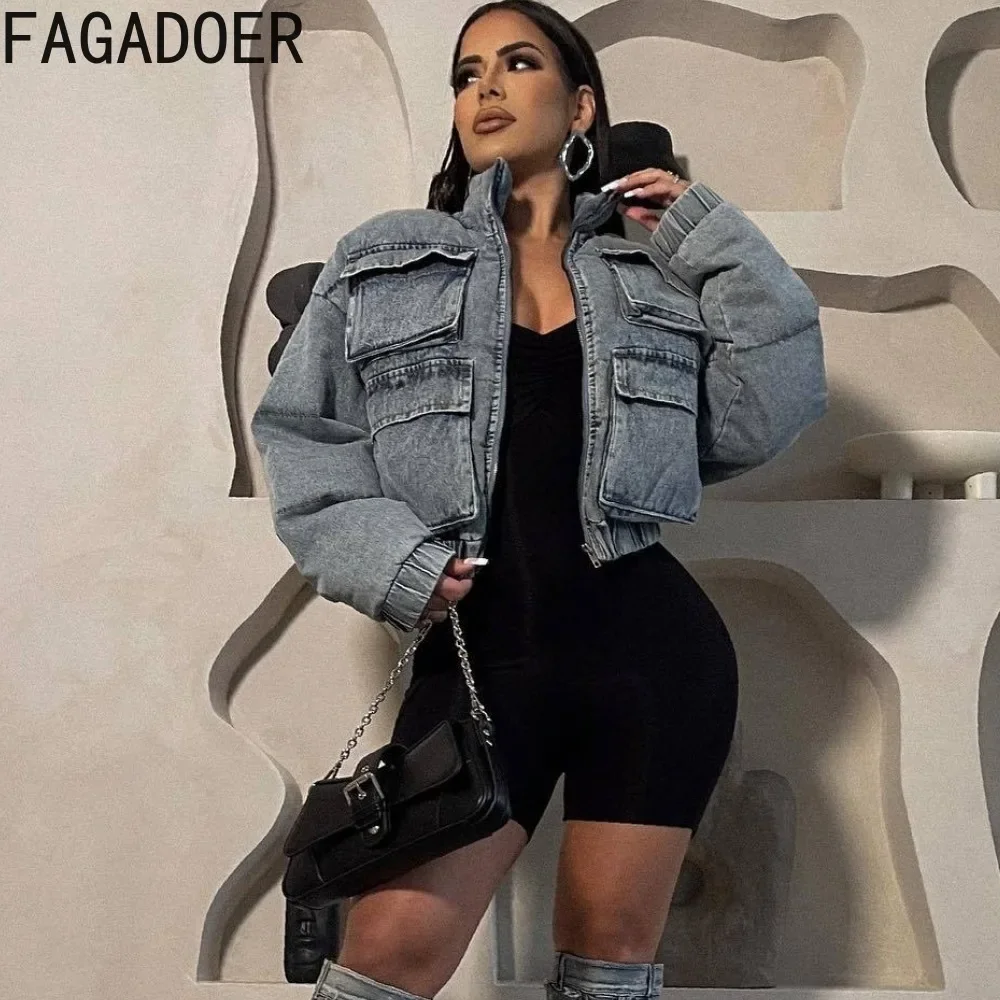 FAGADOER Fashion Street Style Women Stand Collar Zipper Denim Cotton Jacket Autumn Winter Female Pocket Slim Thick Coats Tops