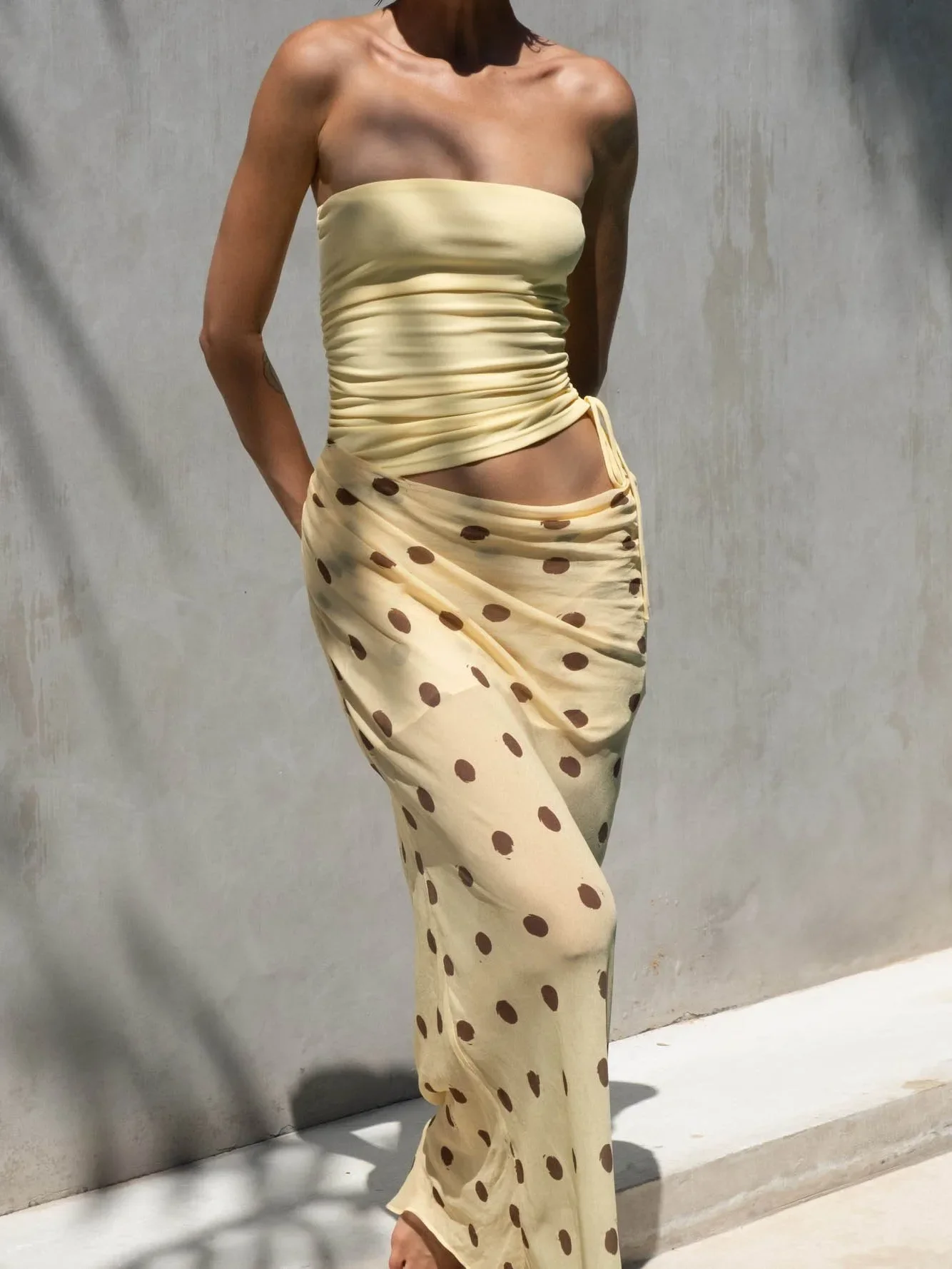 حمالة البولكا نقطة الشيفون المرقعة فستان ماكسي المرأة انقطاع سليم مثير أنبوب عطلة الشاطئ فستان ماكسي الصيف ملابس الحفلات