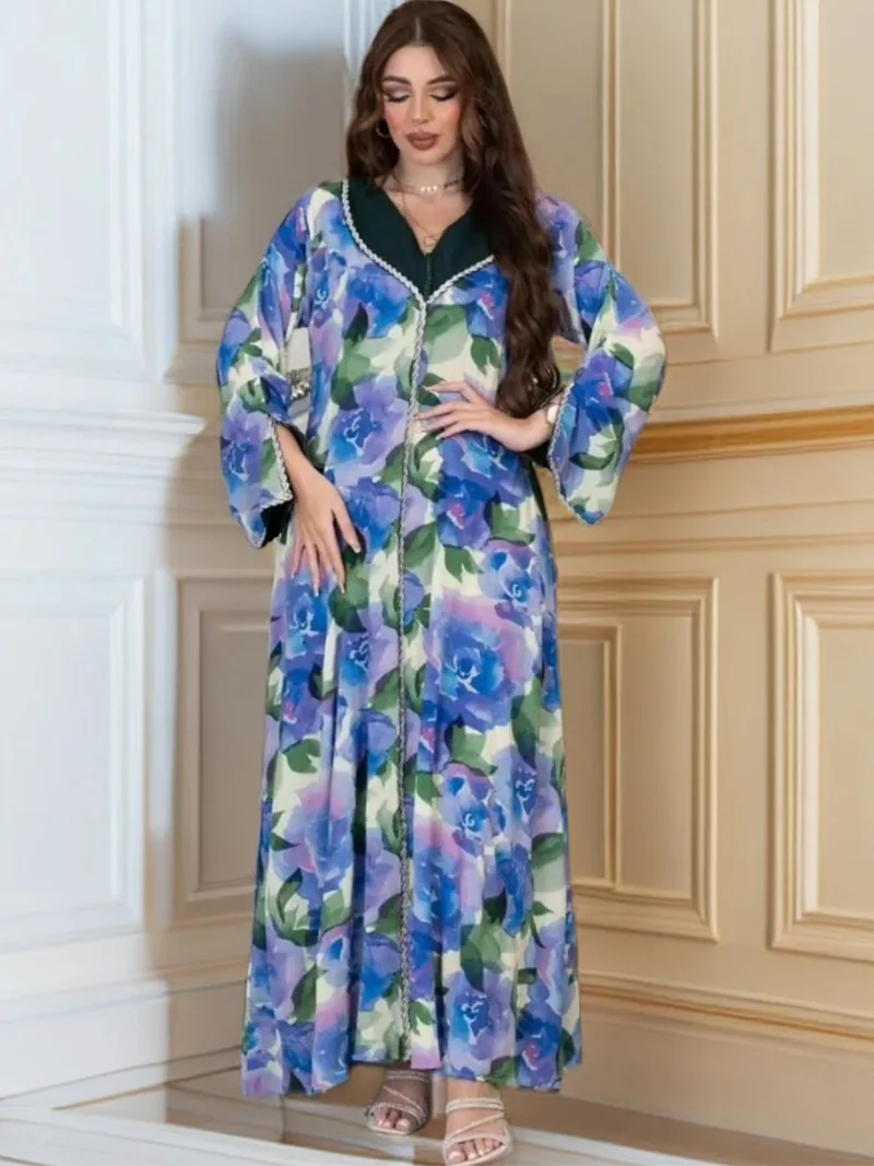 

Fashion Floral Elegant Abayas For Muslim Women Eid Outfits Saudi Moroccan Kaftan Islamic Clothing Turkish Party Dress