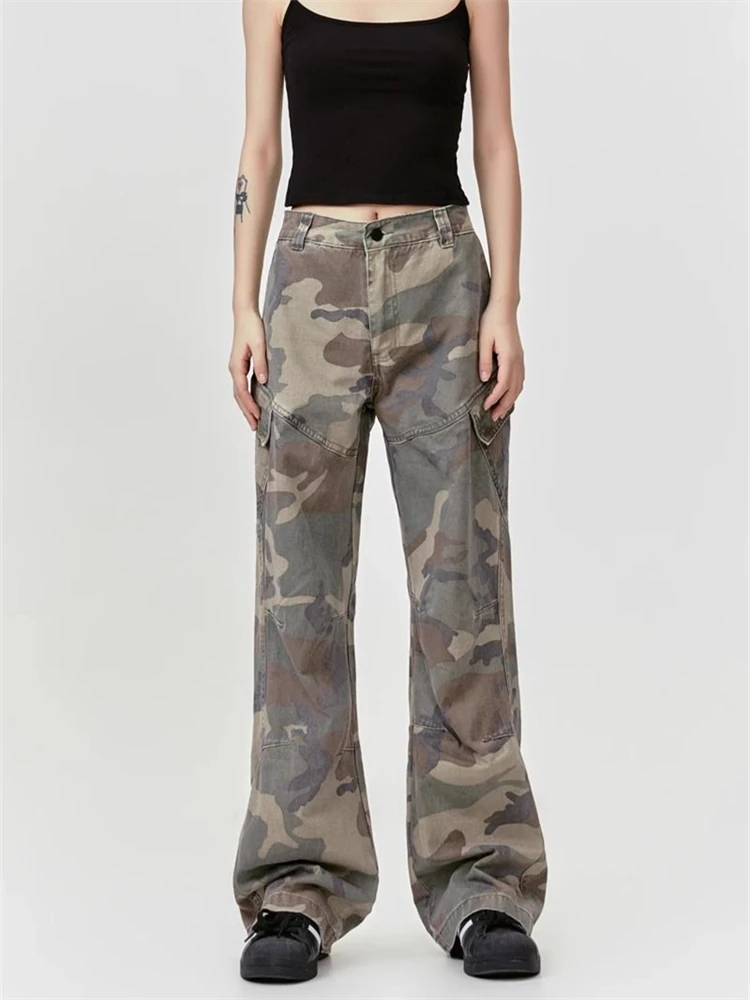 

Women's Camouflage Printed Straight Unisex Pants Wide Legs Jeans Young Girl Street Bottoms Female High Waisted Trousers