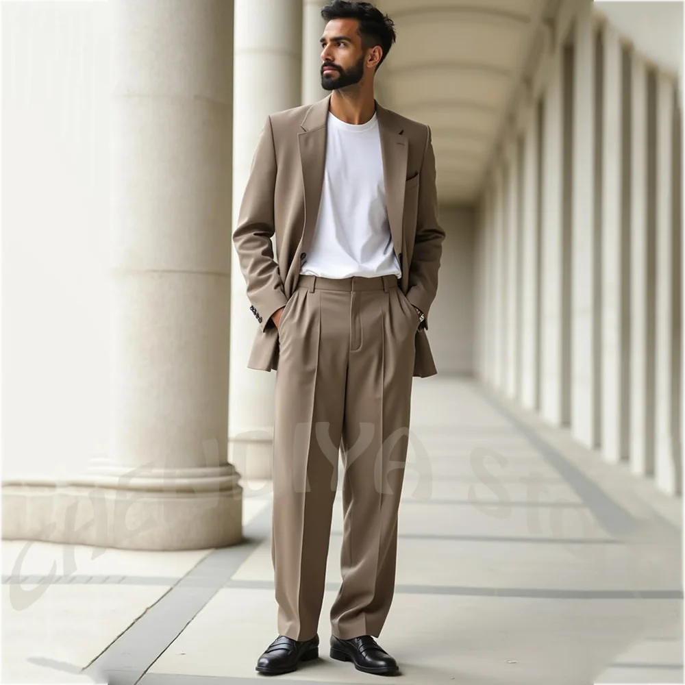 Business Casual Men Two Piece Suit Solid Straight Notched Lapel Formal Business Wedding Groom Tuxedo Streetwear Jcaket Pants