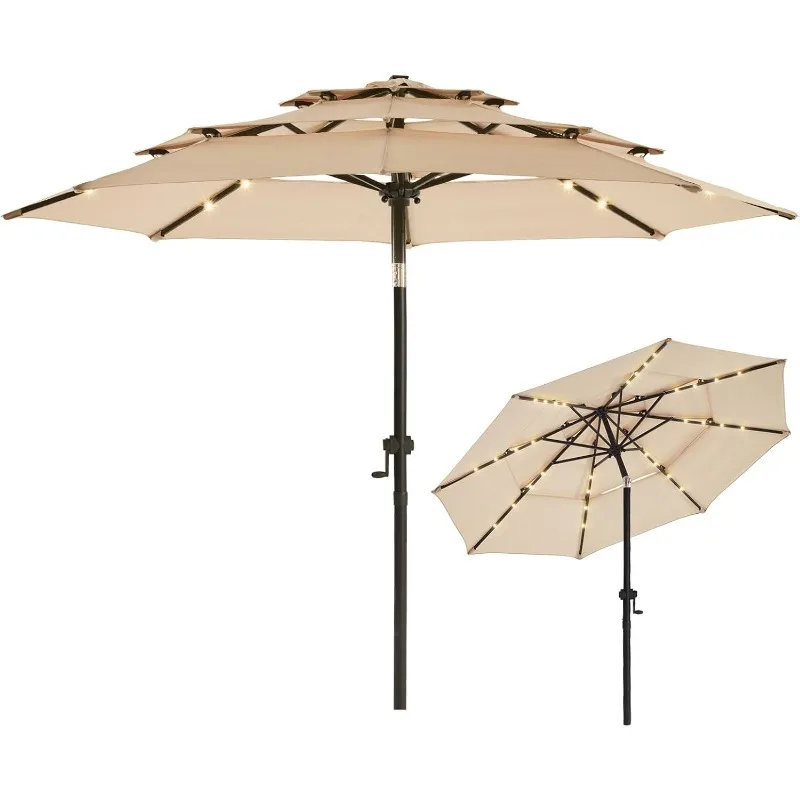 

9FT 3Tiers Solar Led Patio Umbrella, Sturdy Outdoor Market Umbrella for Deck, Pool, Garden w/Tilt, Crank, 32 LED Lights