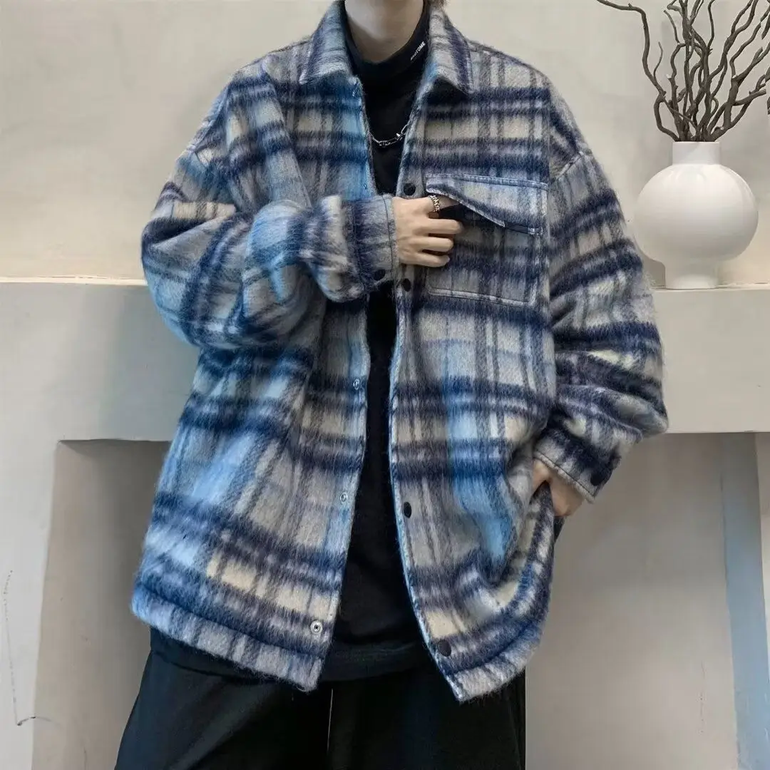

Men's Lazy Sle Korean Faion Versatile Loose Plaid Woolen Jaet Top Spring Autumn Salt System Outerwear Stand Fit
