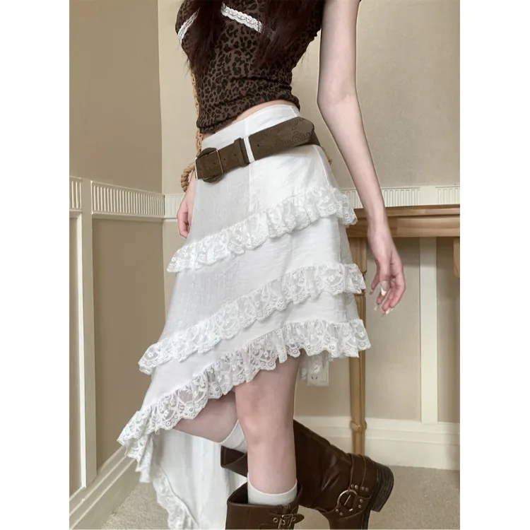 

Утягивающая юбка с кружевной отделкой и высокой талией, корейская повседневная женская юбка трапециевидной формы, лето 2025, новая модная юбка средней длины