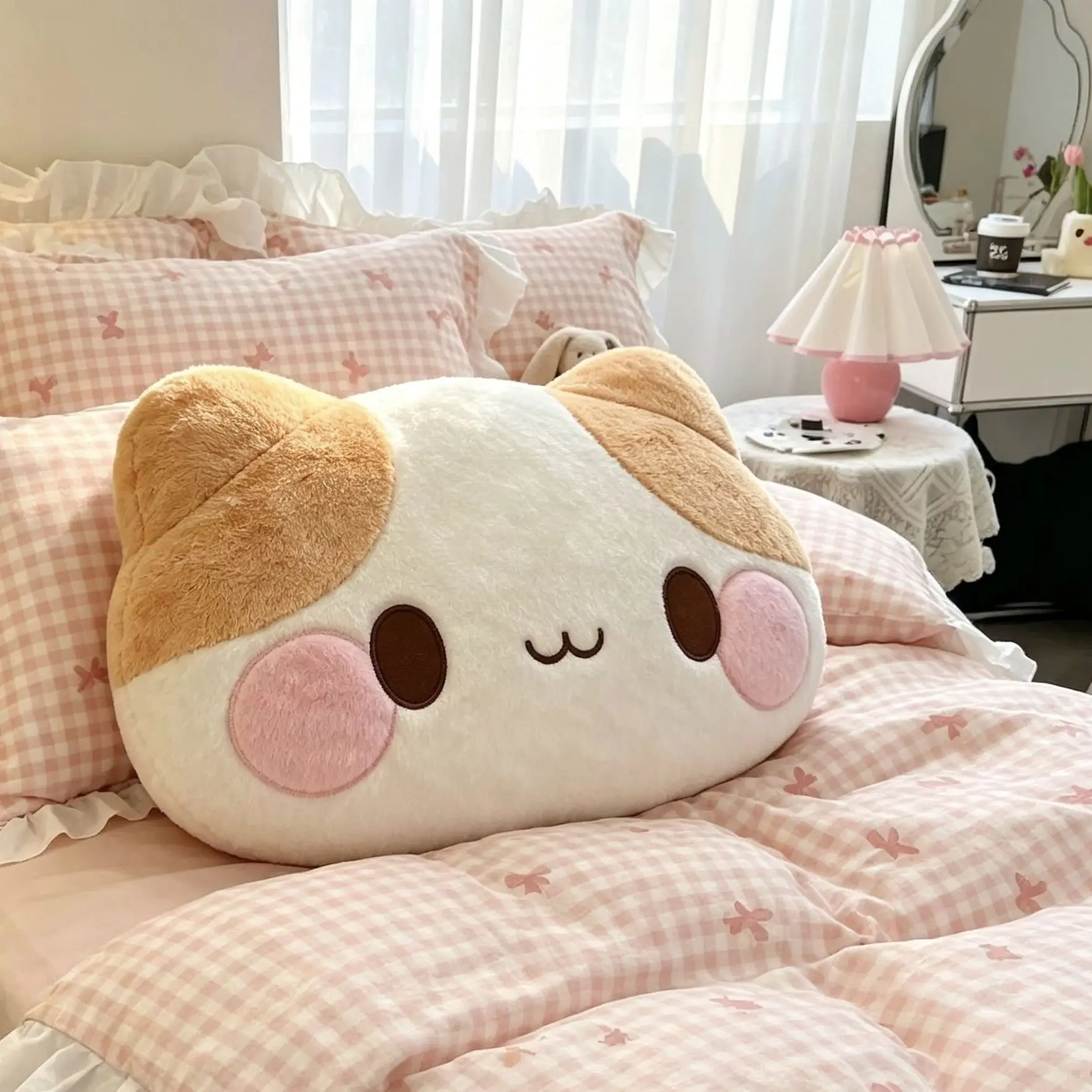 Cute Calico Cat Headboard Backrest Cushion Soft Plush Sofa Throw Pillow Lumbar Support for Dorm Bed Home Decor