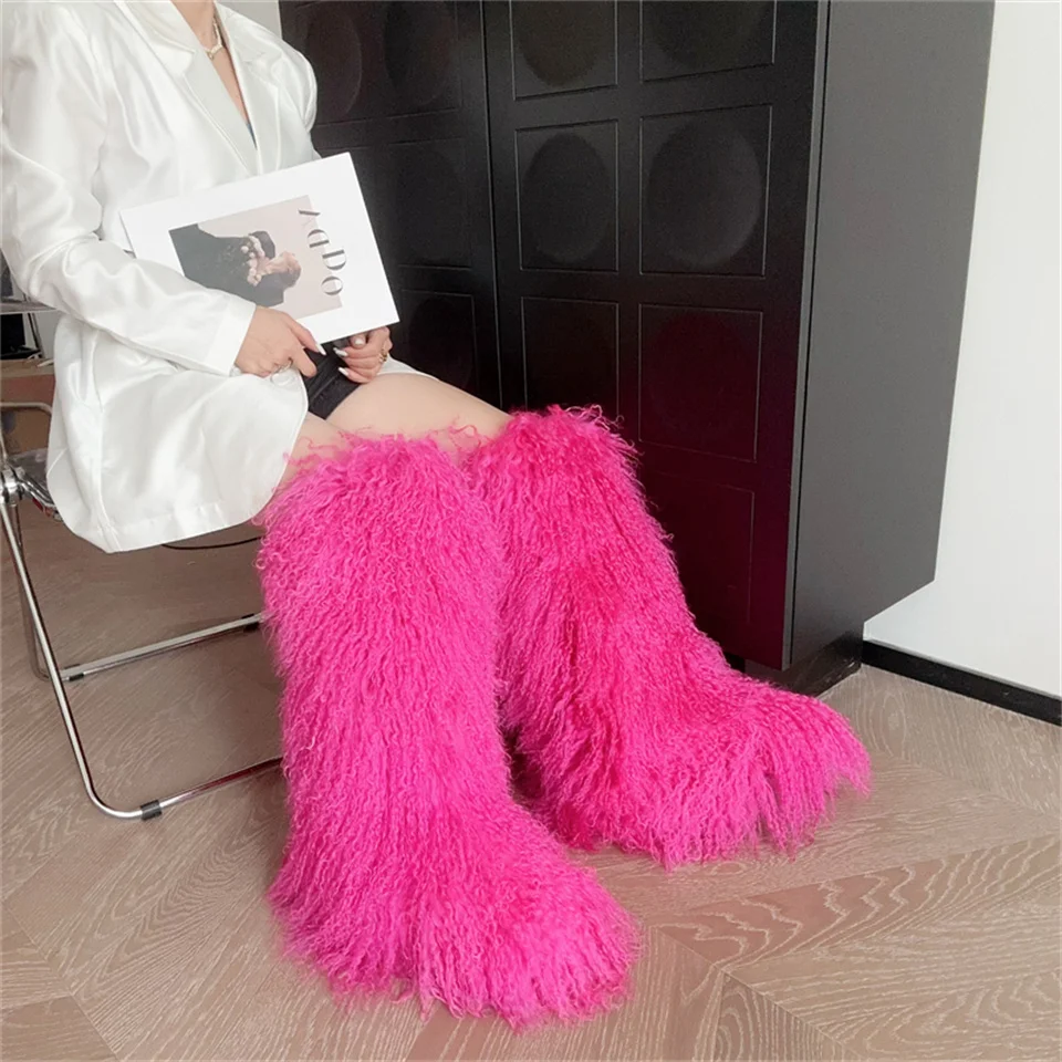 2024 Real Mongolian Fur Noots Wool Boots Warm SnowBoot Fur Wool Knee High Boots Purple/pink Fashion Winter Shoes