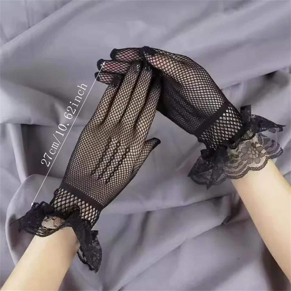 Girls Lolita Lace Hollow Out Gloves Summer Driving Gloves Female Thin Fishnet Mesh Gloves Fashion Ruffle Full Finger Lace Mitten