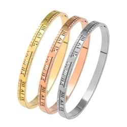 PAXA Luxury Elegant Roman Numeral Zirconia Bracelet for Women Stainless Steel Bangle Charm Trendy Design Wedding Jewelry Gifts