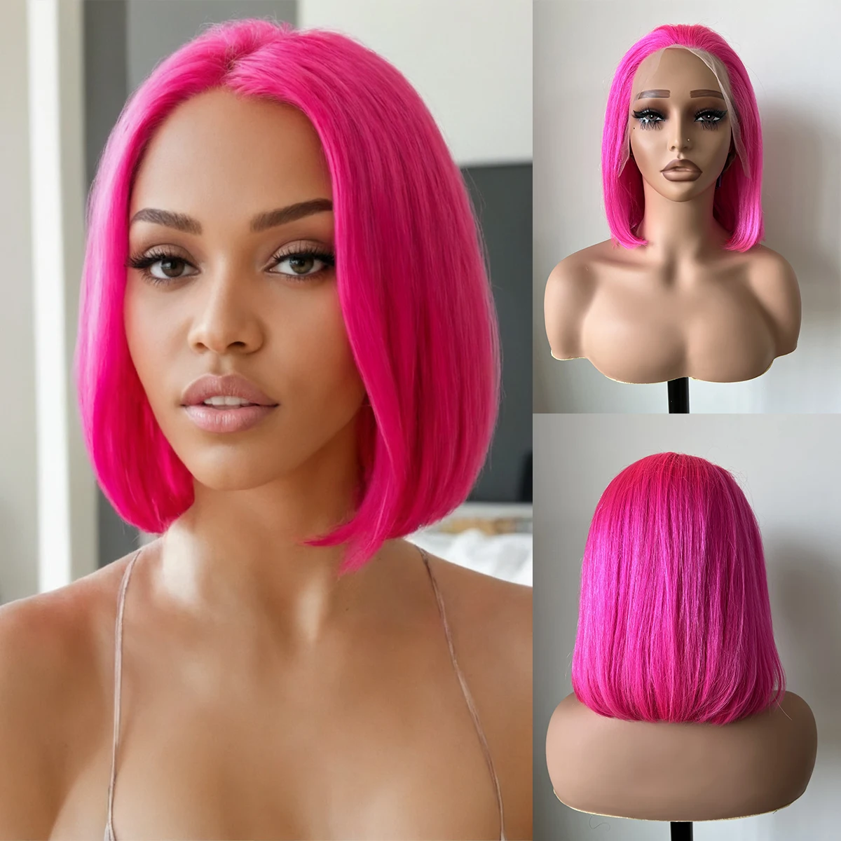 

10 inches Straight Human Hair Wigs for Women Short Pink Bobo Wigs 13*4 Lace Front Human Hair Free Parting Daily Cosplay Party