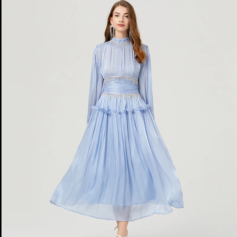 French Designer Luxury Women Organza Stand Collar Party Dress Elegant Spring Diamonds Tassel Ruffles Puff Sleeve Slim Long Dress