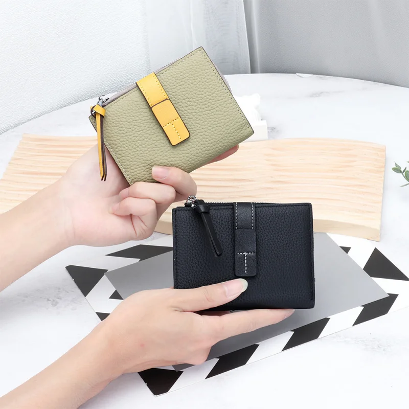 Western Contrast Color Cowhide Leather Short Women Wallet Large Capacity Multi Card Slots Coin Purse for Ladies