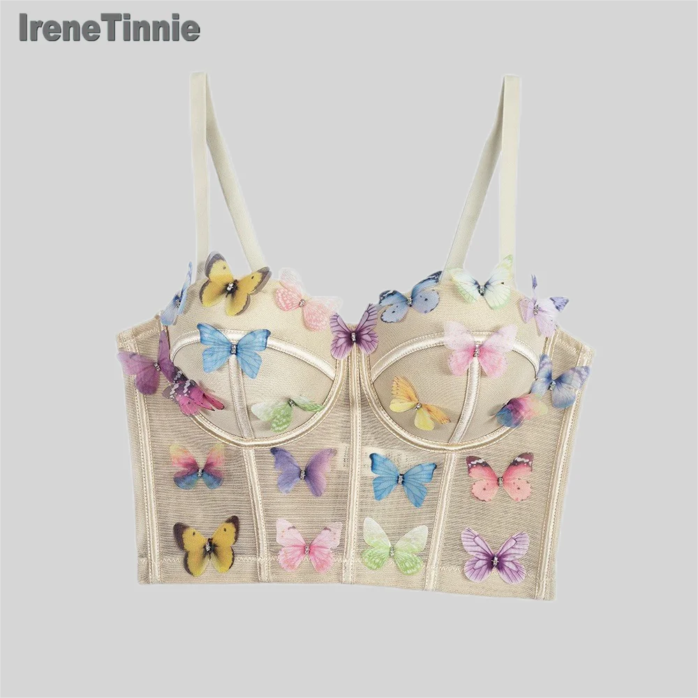 IRENE TINNIE 2024 Y2K Colourful 3D Butterfly Camisole Push Up Bustier Bra Female Nightclub Party Short Tank Top Cropped Top