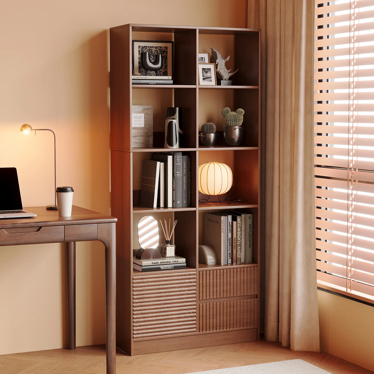 

floor-to-ceiling storage shelves, integrated wall-to-wall checkered storage, lattice corner cabinets, students