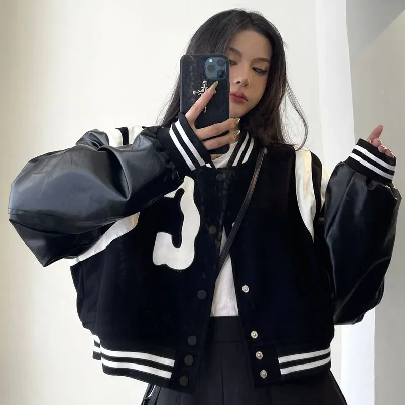 Black Baseball Jacket Women Long Sleeve Pu Patchwork Cropped Bomber Jackets Fashion Loose Outwear Streetwear Female Coat