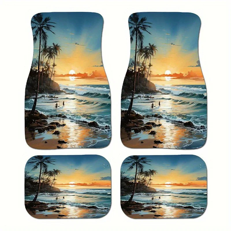 4pcs Tropical Beach Car Floor Mats Set - Crystal Velvet Anti-Slip All-Weather Design, Fit For Cars, SUVs, Trucks - Full Set (Dri