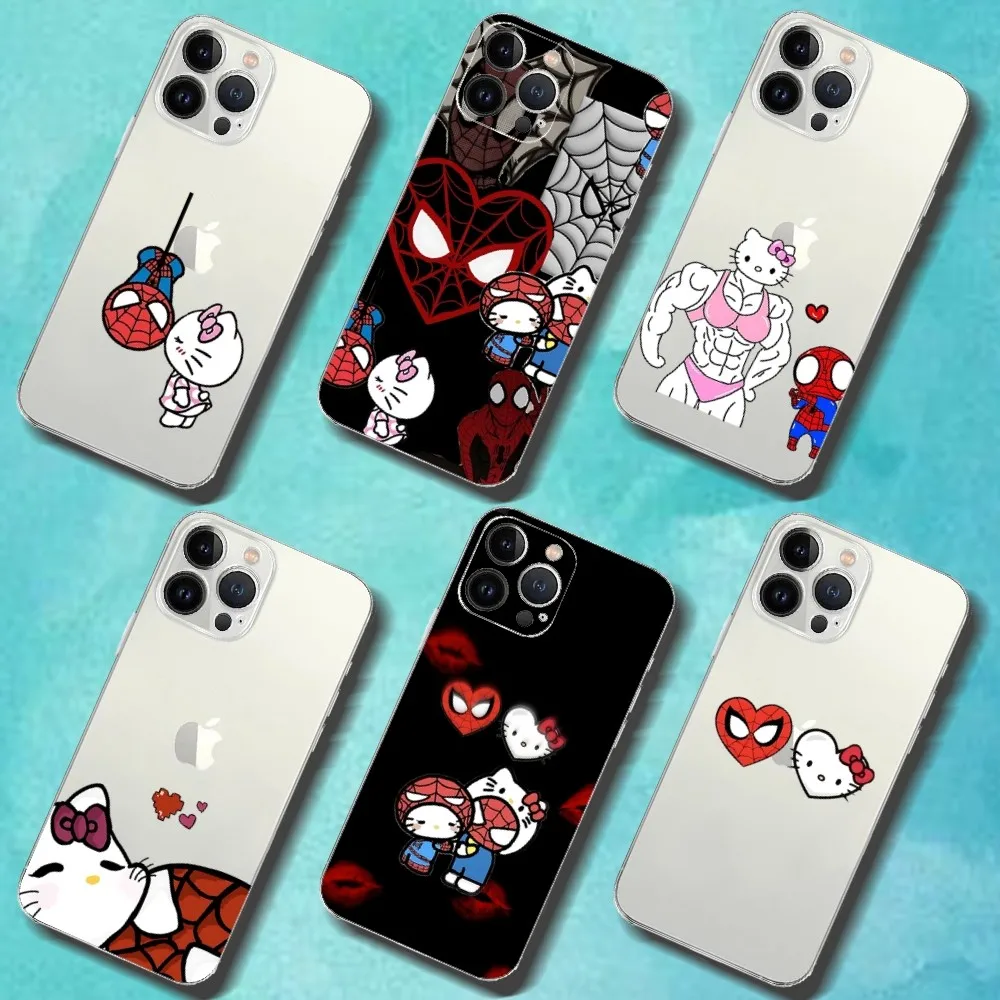 S-SPIDER MAN AND HELLO KITTY Phone Case For Iphone 15 11 13 14 Pro Max 7 8 Plus X Xr Xs Max Se2020 12mini Transparent Cover