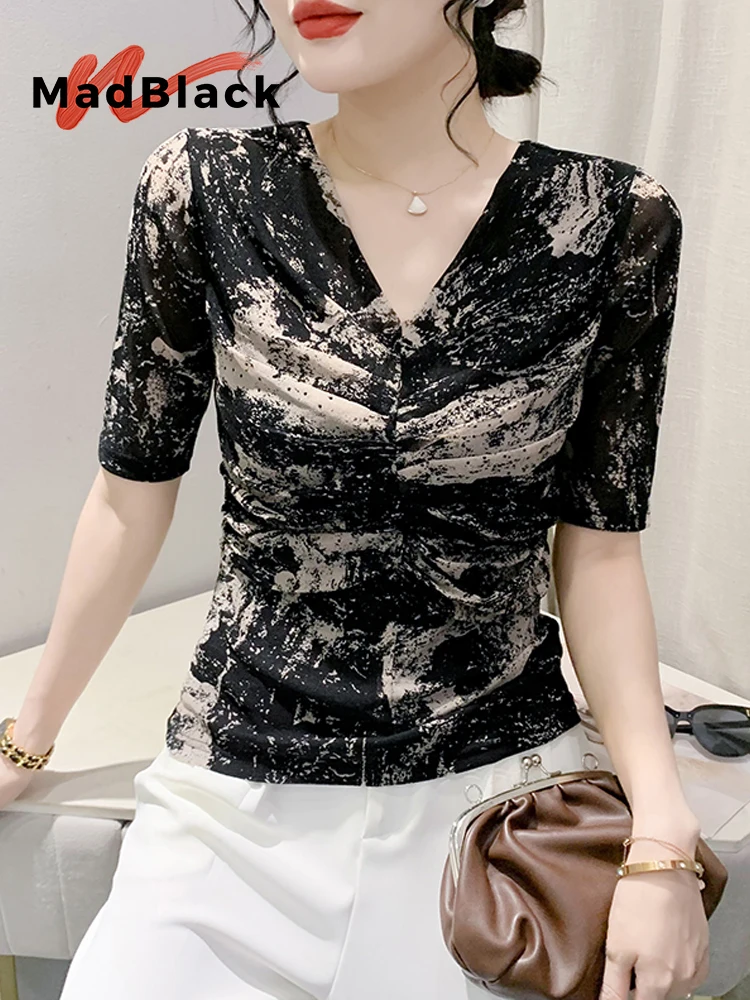 MadBlack-Women's European T-Shirt, Sexy V Neck Printed Folds, Vintage Short Sleeve Slim M-3XL Knit Tee, 2026 Summer New T62109CC