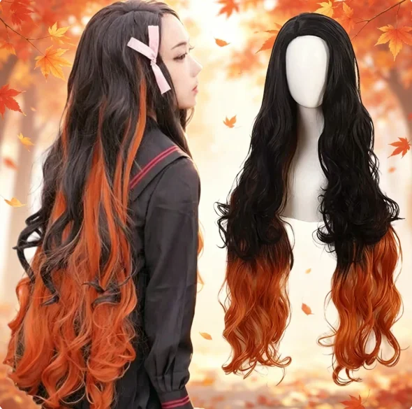 Pelucas de Nezuko Kamado 2026 para Disfraces, Pelucas Sintéticas Largas y Rizadas de Color Naranja y Negro para Mujer