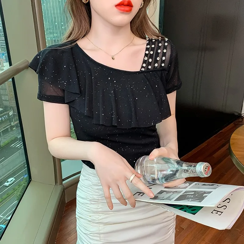 Sexy Short Sleeve T-Shirt Women\'s Summer Fashion Half Sleeve Design Sensual Lace  Net Shirt Korean Style Commute Style