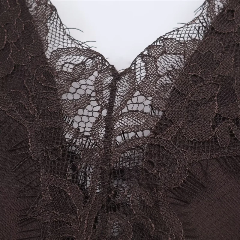 البني غير المتماثلة الدانتيل فستان ستان جديد الخريف موضة النمط الفرنسي أناقة مثير الخامس الرقبة السباغيتي حزام ثوب مسائي