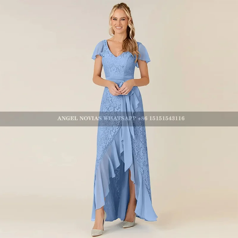 

High Low Lace Mother of Bride Dresses for Women Chiffon Wedding Party Gown with Lace Sleeves vestidos de fiestas elegant