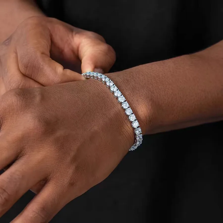 European and American hip-hop titanium steel color fast single-row diamond full diamond AAA zircon tennis bracelet for men and
