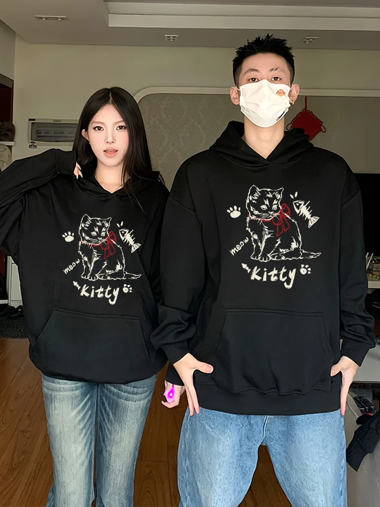 Fishbone and Kitten Pattern Couple Hooded Sweatshirts Autumn and Winter 2024 New High Quality Oversize Hoodies