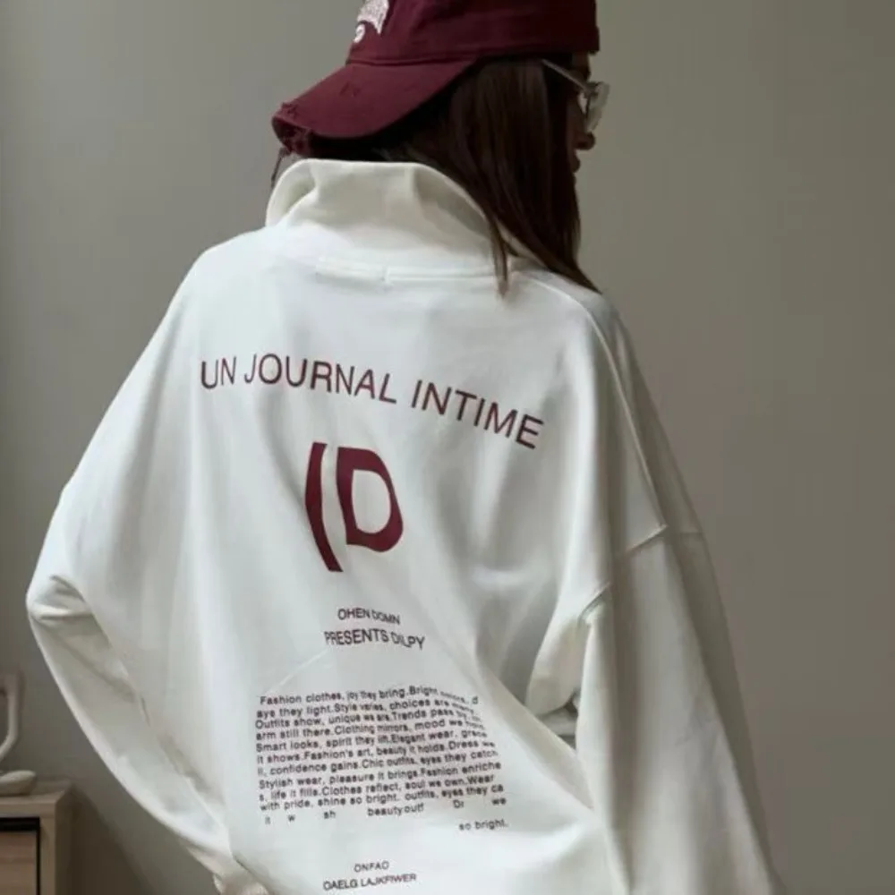 พิมพ์หลวมและอเนกประสงค์สาวร้อนขี้เกียจยุโรปและสไตล์อเมริกันฤดูใบไม้ร่วงและฤดูหนาวLapelครึ่งซิปอินเทรนด์Hoodie Harajuku