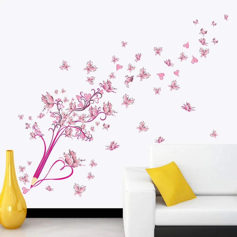 Fantastic Pencil Butterflies Flowers Wall Stickers For Girls Room Kids Bedroom Home Decoration Diy Mural Art Pvc Decals