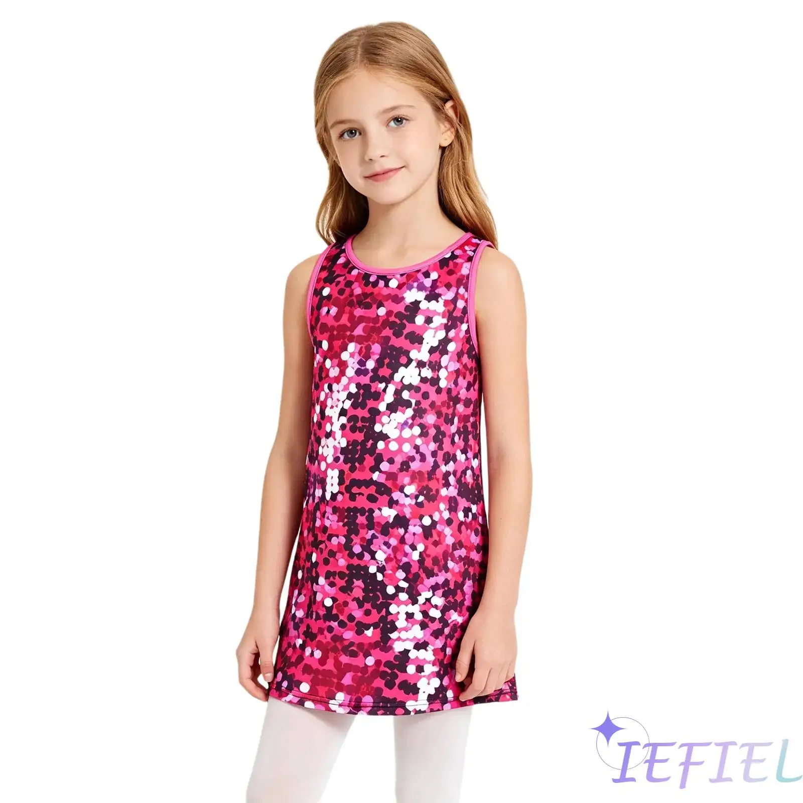 

Kids Jazz Street Dance Disco Costume Sleeveless Sequin Print Sundress Raves Dress Clubwear for Girls Stage Pageant Performance