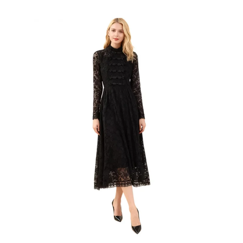 

Collared Lace Dress With Button Fastening Black Slim-Fit Elegant Long Dress