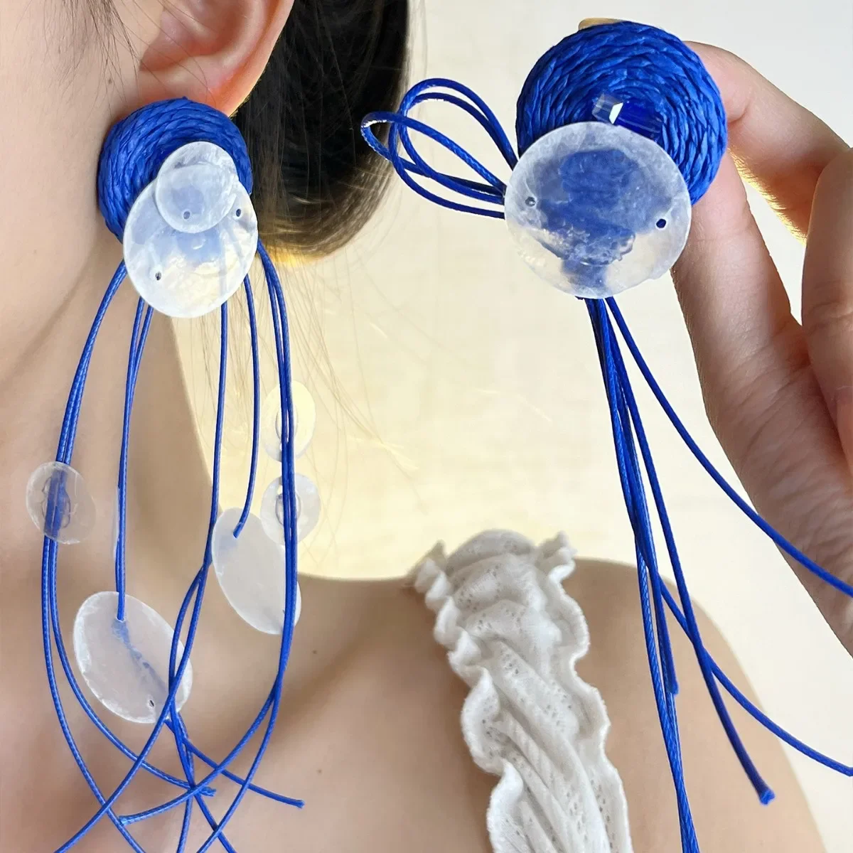 1 pair of atmospheric blue shell tassel earrings for women