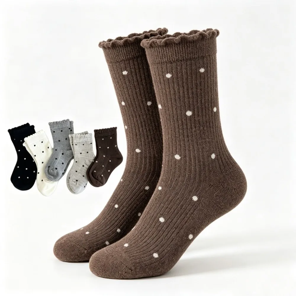 5Pairs/set Soft Cotton Mid-Calf Crew Socks Loose Cuff Ruffle Frill Design Cotton Ruffle Socks 5 Pairs Set Polka Dot Pattern