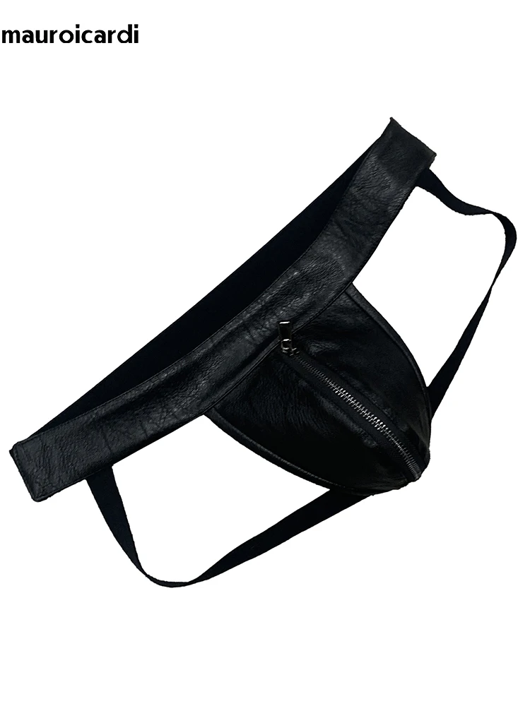 Primavera Verano negro Pu pantalones cortos de cuero para hombres cintura elástica diseñador de lujo Emo estilo Punk ropa interior para hombres Tanga Sexy