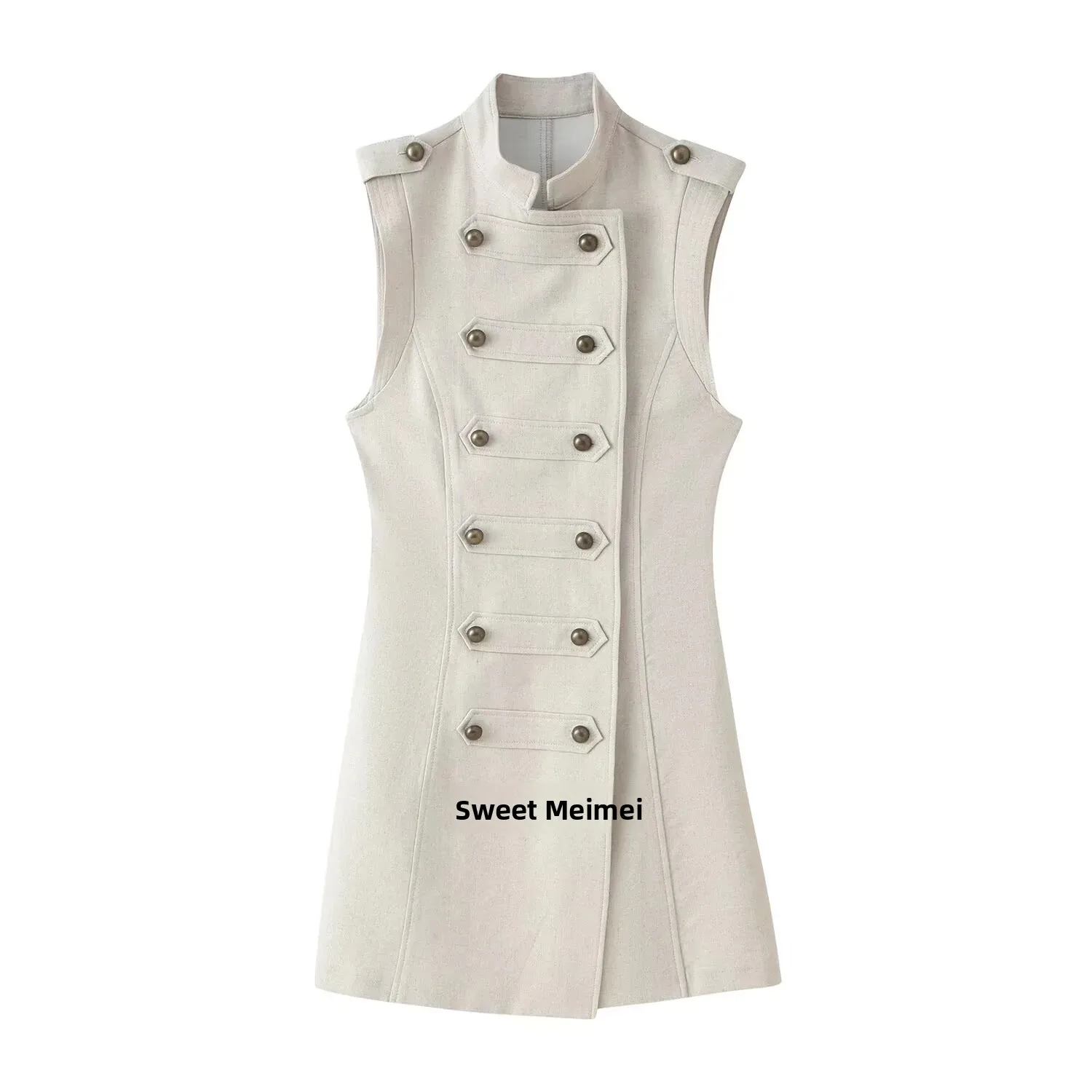 Summer New Women's Slim Fit Lin Dress Collarless Sleeveless Knot Button  Dress Casual High Waist European Style Dress