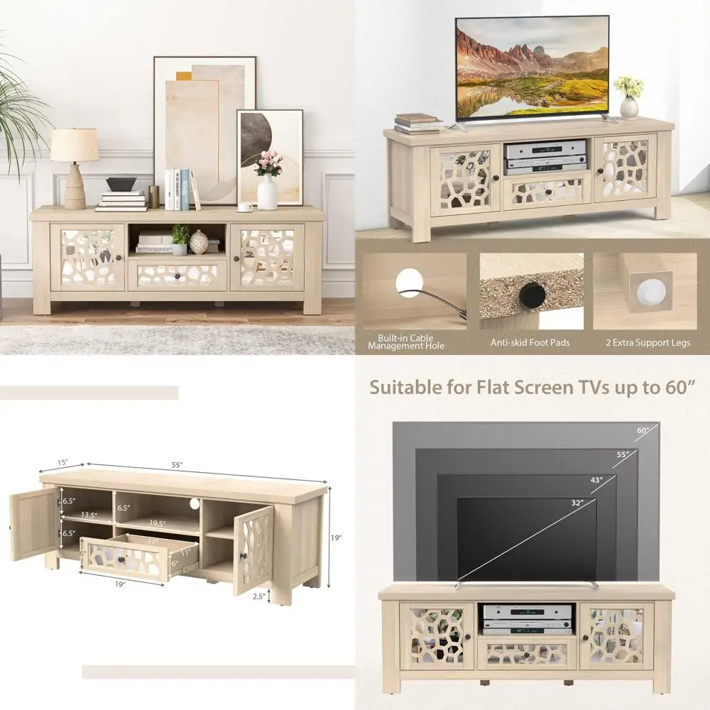 

Тумба под телевизор в винтажном стиле 60-х годов с акриловыми зеркальными дверцами, открытой полкой, выдвижным ящиком и системой кабель-менеджмента для гостиных