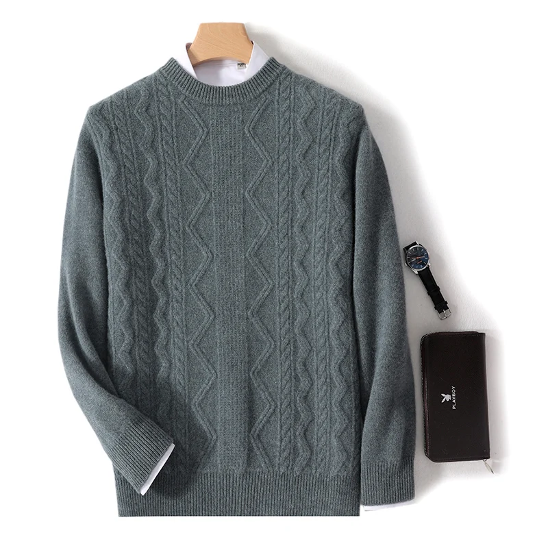 100% pure wool sweater men's double-layer thick ingot needle twist casual fashion long sleeve solid color plus size sweater