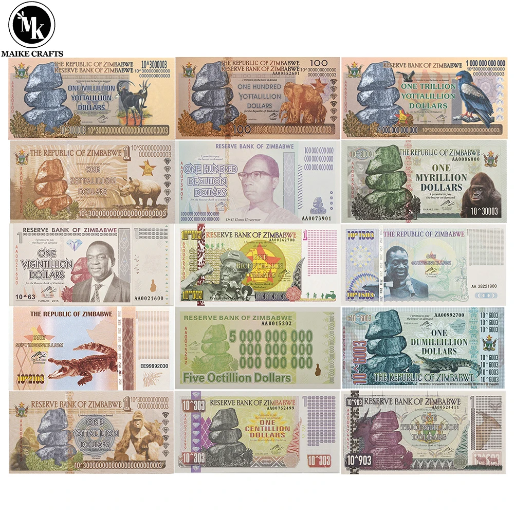 

10pcs/set Zimbabwe Banknotes Centillion Myrillion Tricentillion Blu-ray Watermark Fake Money Serial Number Banknotes Collectible