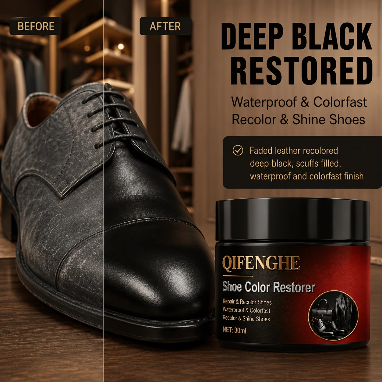 Leather Shoe Recoloring Balm, Restore Deep Black, Fill Scuffs & Add a Long-Lasting Shine