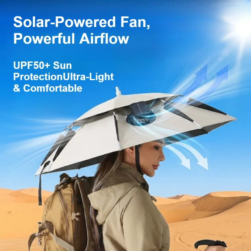 Dual Layer Foldable Head Umbrella Hat With Solar Fan UV Protection Rainproof Outdoor Fishing Sunshade Cap