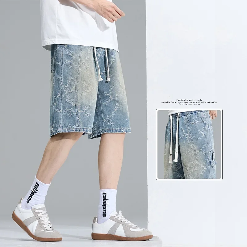 

2025 Summer Retro Blue Denim Shorts Thin Trendy Brand Casual Versatile Loose Straight Jacquard Five-point Pants Black Gray