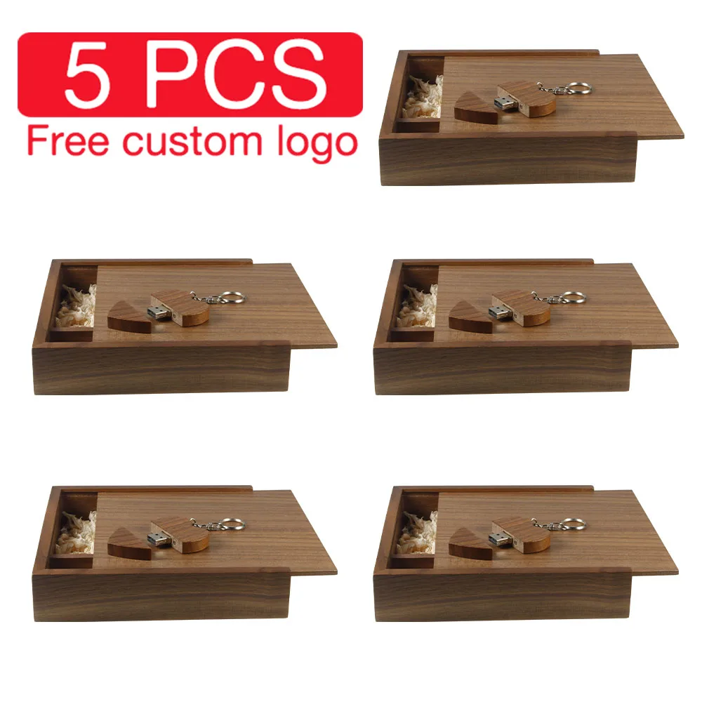 JASTER 5PCS LOT USB Flash Drive 128GB Wooden Box Pen Drive 64GB Free Custom Logo USB Stick 32GB Wedding Gift U Disk 16GB 8GB 4GB