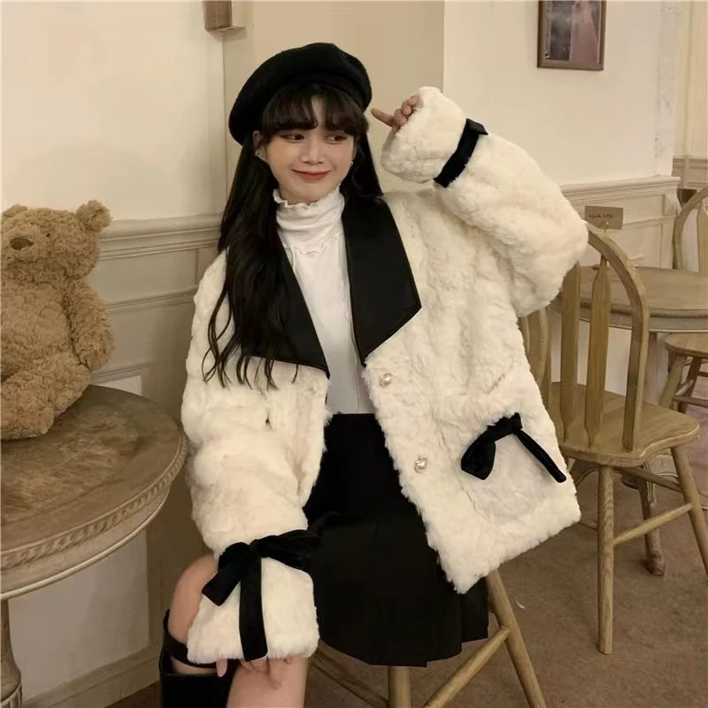 Elegant Faux Fur Jackets Women Winter Pu Patchwork Turn Down Collar Warm Tops Korean Fashion All Match Thick Bow Female Coats