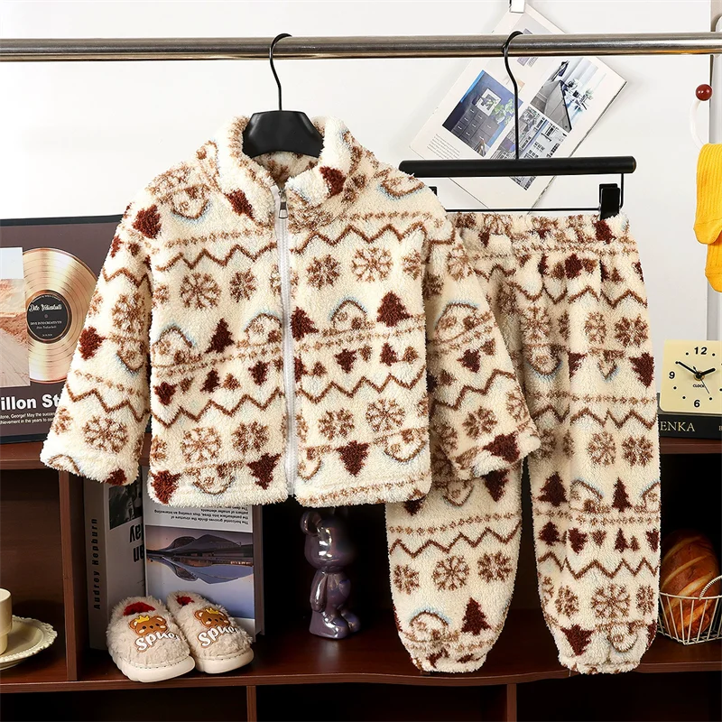 Children Plush Velvet Sets Winter Boys Girls Thick Fleece Suits Kids Print Jackets+Pants 2Pcs Outfits Autumn Home Clothes