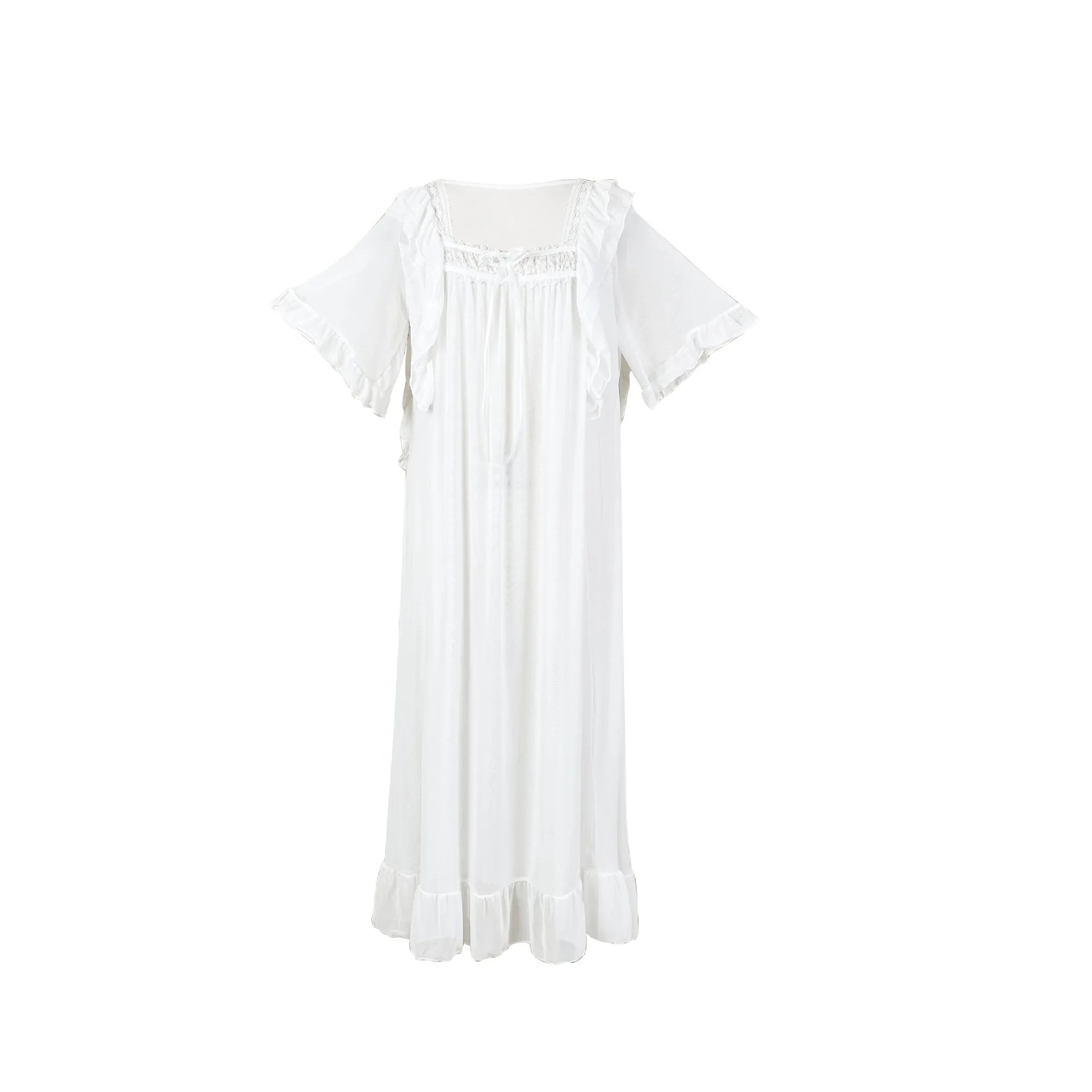 Purely Sensual And Gentle Style Long Nightgown With Mesh Ruffles Square Neckline Loose Fit Slimming See-through Loungewear A007