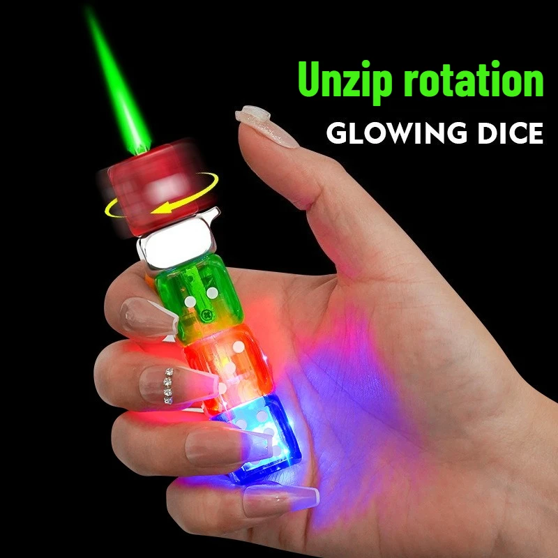 Bunter Würfel-Drehfeuerzeug mit Leuchteffekt, Neues Design, Windfest, Grüne Flamme, Geschenk für Männer, Zigarettenanzünder