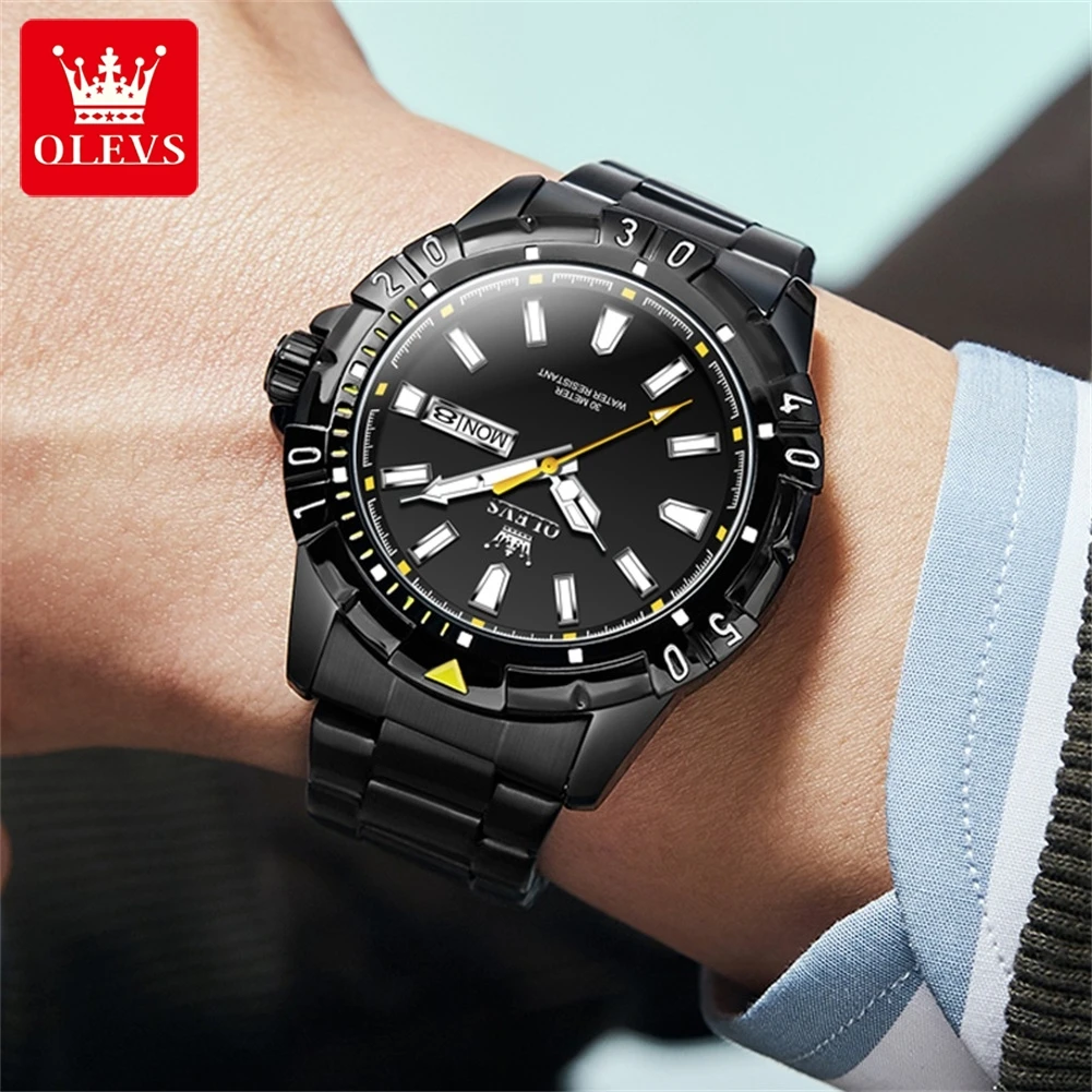 OLEVS New Luxury Stainless Steel Black Sports Quartz Watch for Men Waterproof Luminous Week Date Mens Watches Relogio Masculino